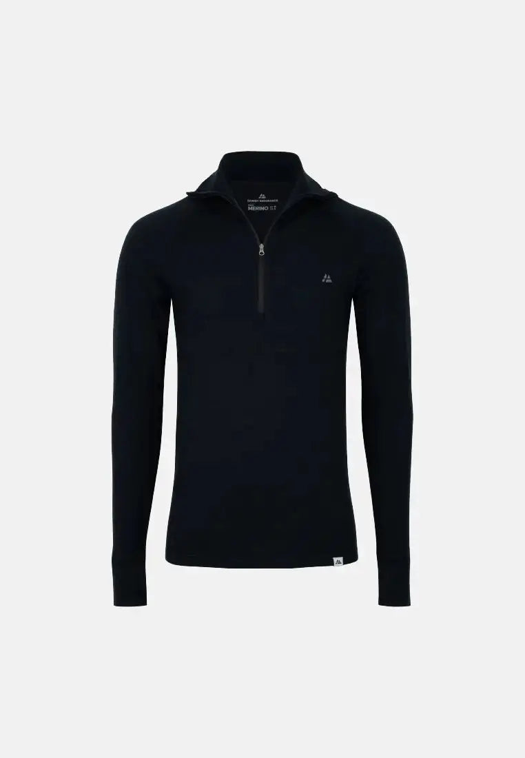 Black merino wool half-zip shirt with long sleeves and high collar for men.