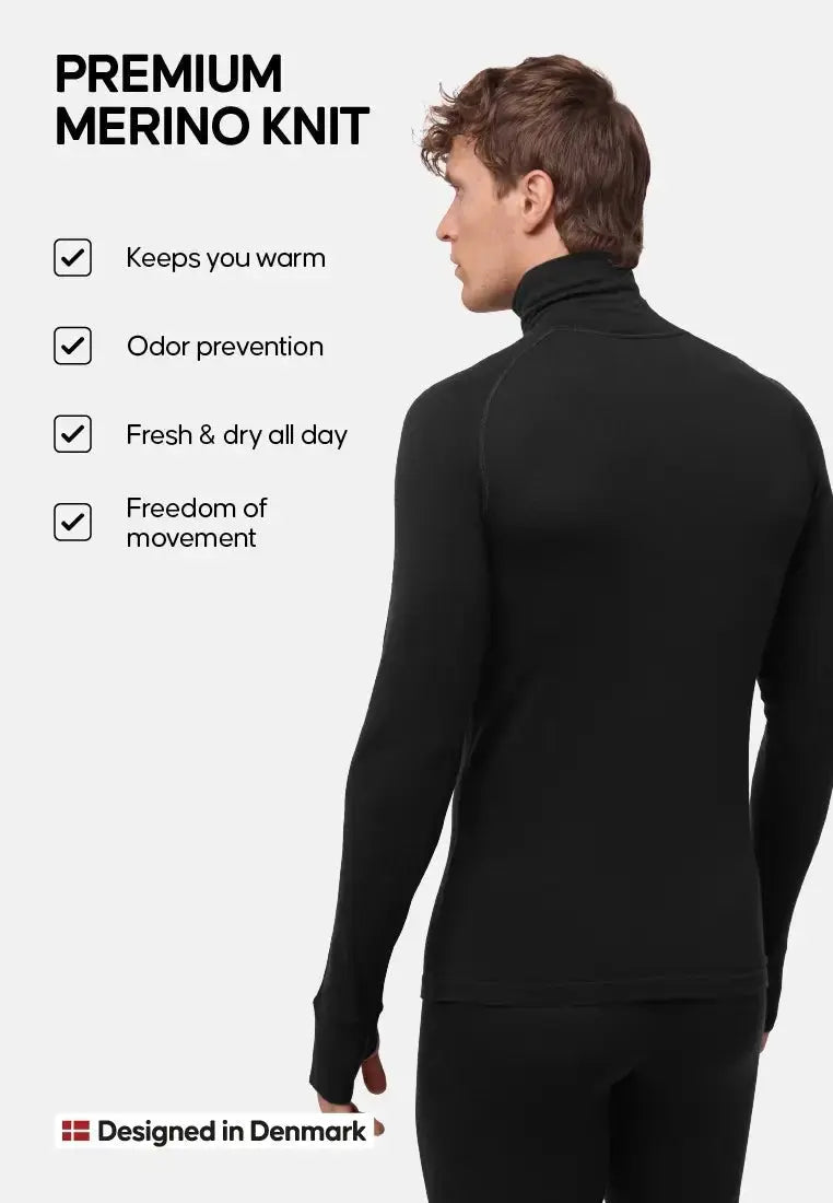 Man in black merino wool shirt, text reads: Keeps warm, odor prevention, fresh, freedom of movement.