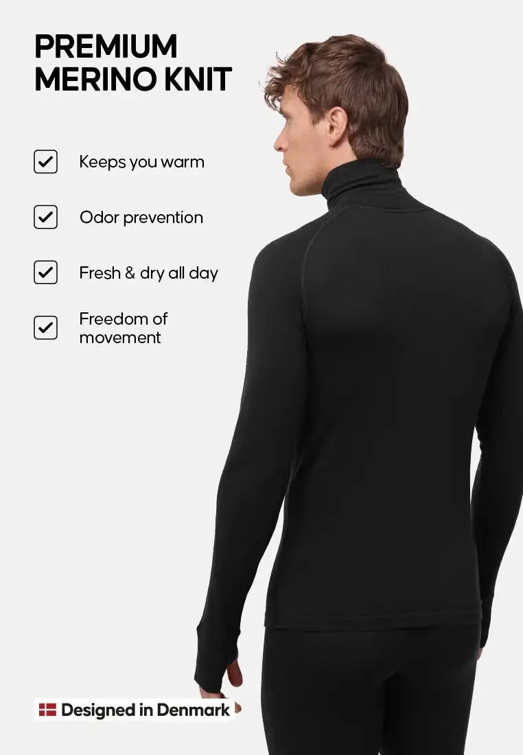 Man in black half-zip shirt, benefits listed: warmth, odor prevention, freshness, movement.