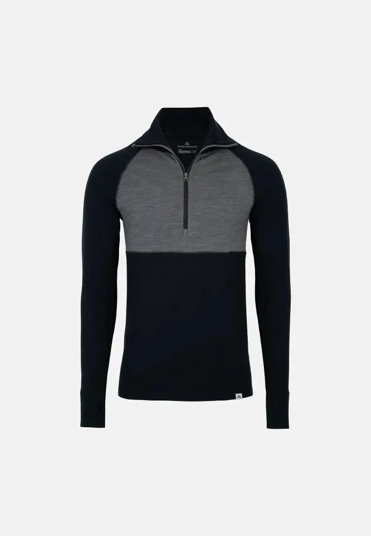 Men's long-sleeve half-zip shirt in dark and light gray, merino wool fabric.