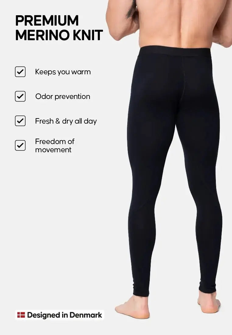 Man in black merino wool pants; features listed: warm, odor-free, fresh, flexible; Danish design.