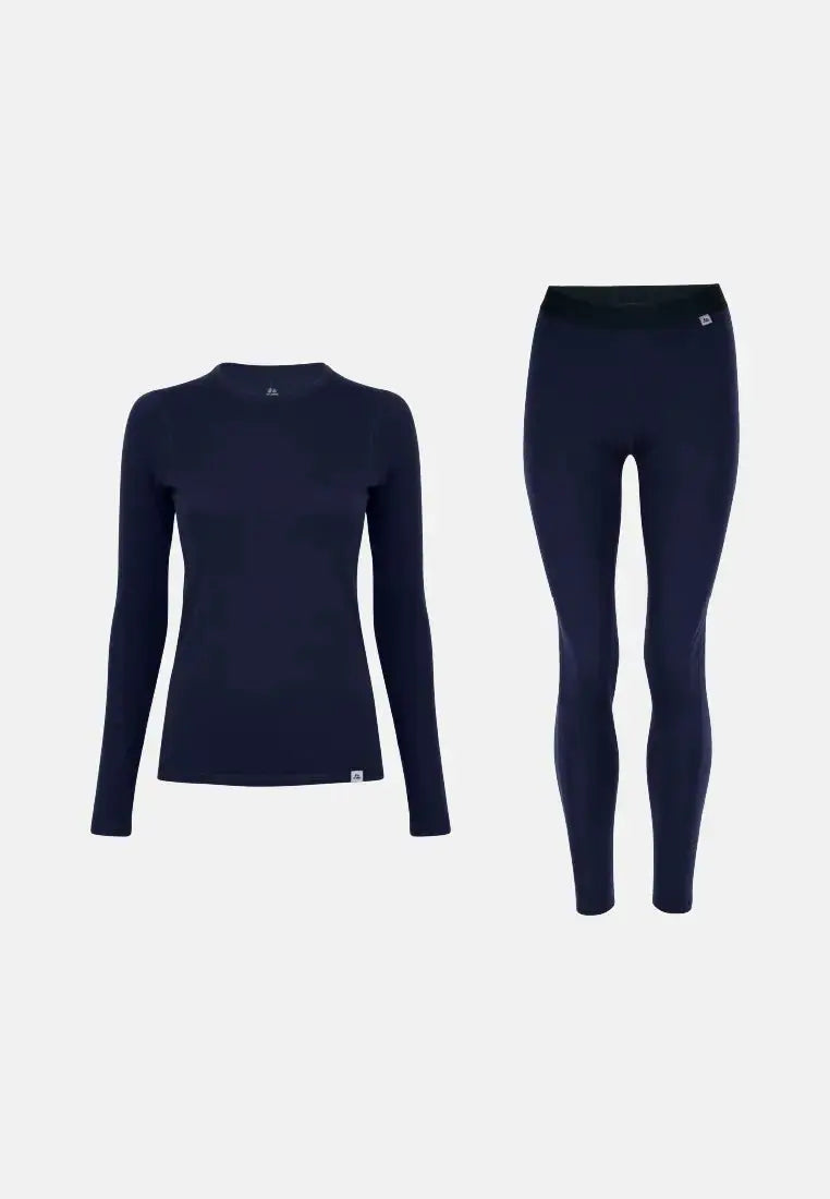 Dark blue merino wool base layer set for women with long-sleeve top and leggings.