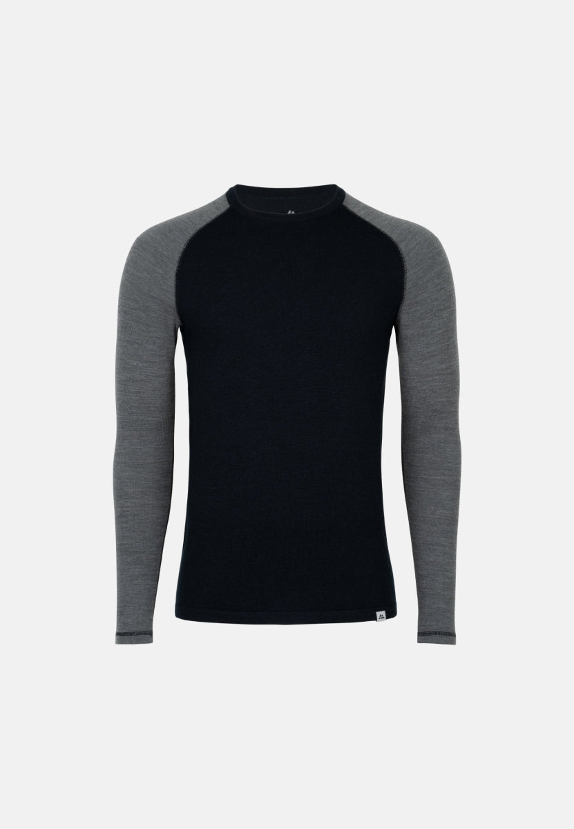 Black merino wool base layer shirt with gray long sleeves, shown front-facing on a plain background.