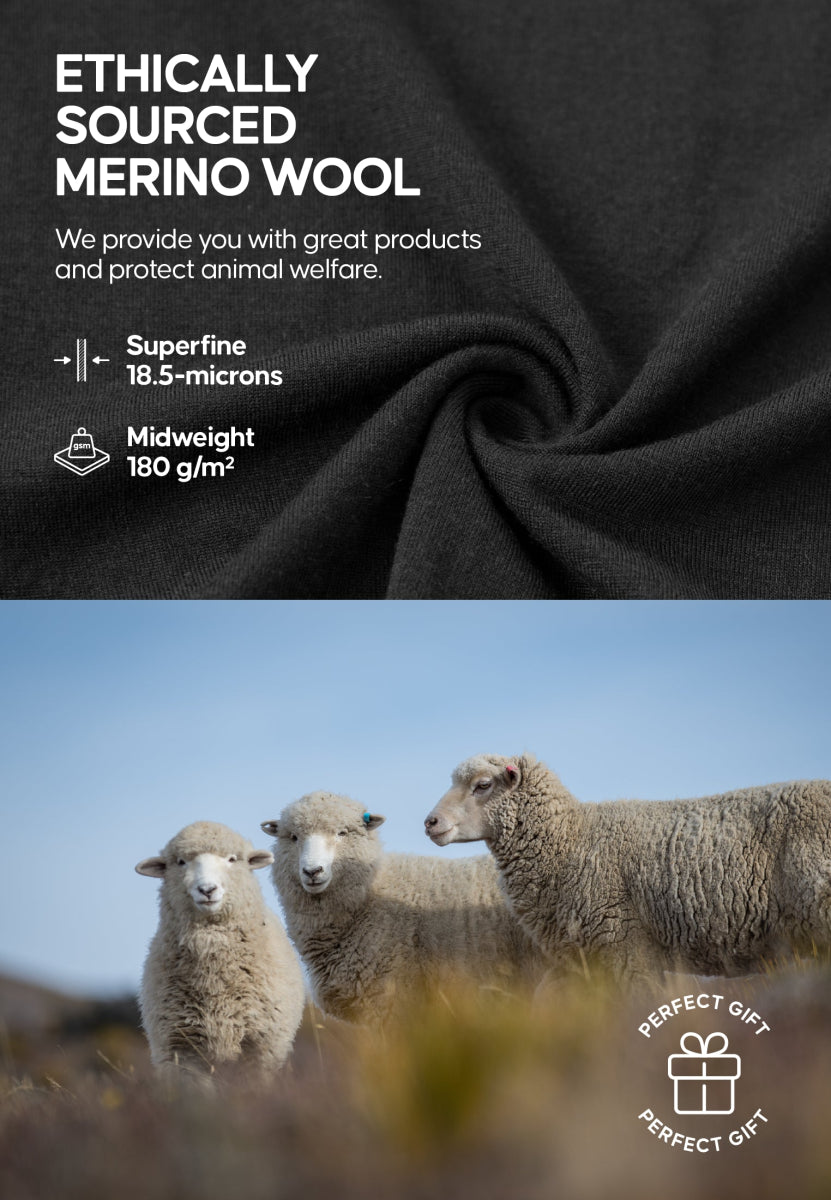 Black fabric detail with text on merino wool qualities; three sheep grazing in a field under blue sky.