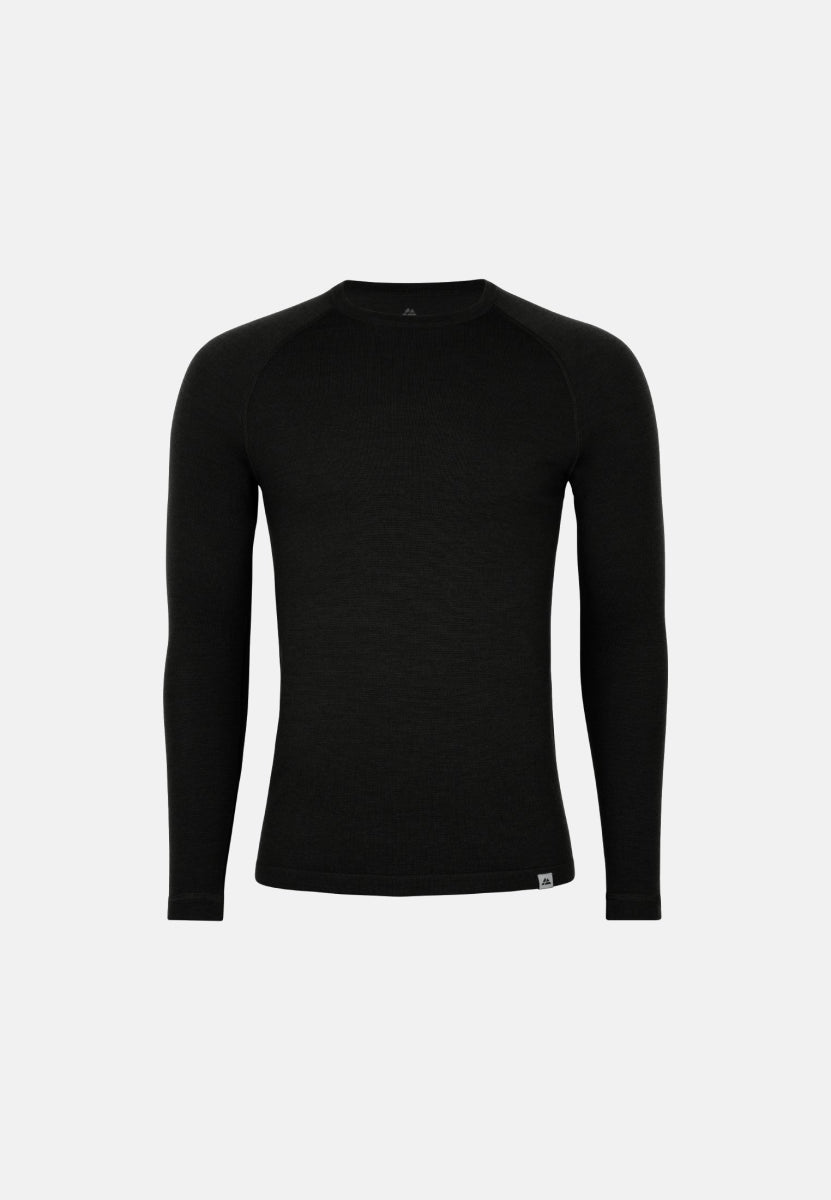 Black long-sleeve merino wool base layer shirt with a crew neck design for men.