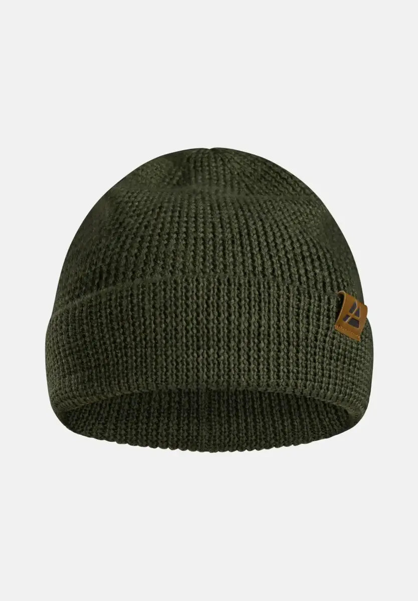 Olive green knit beanie with a folded brim and brown logo tag on the side.