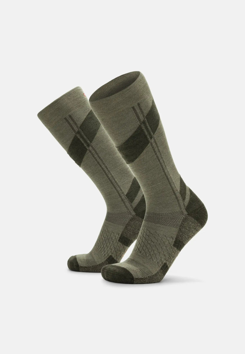 Grey Merino wool ski socks with dark green patterns, featuring ribbed and textured sections.
