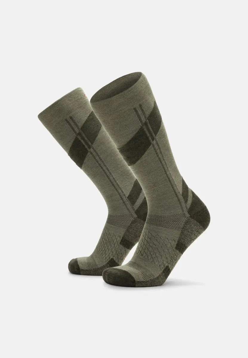 Grey Merino wool ski socks with dark green patterns, featuring ribbed and textured sections.