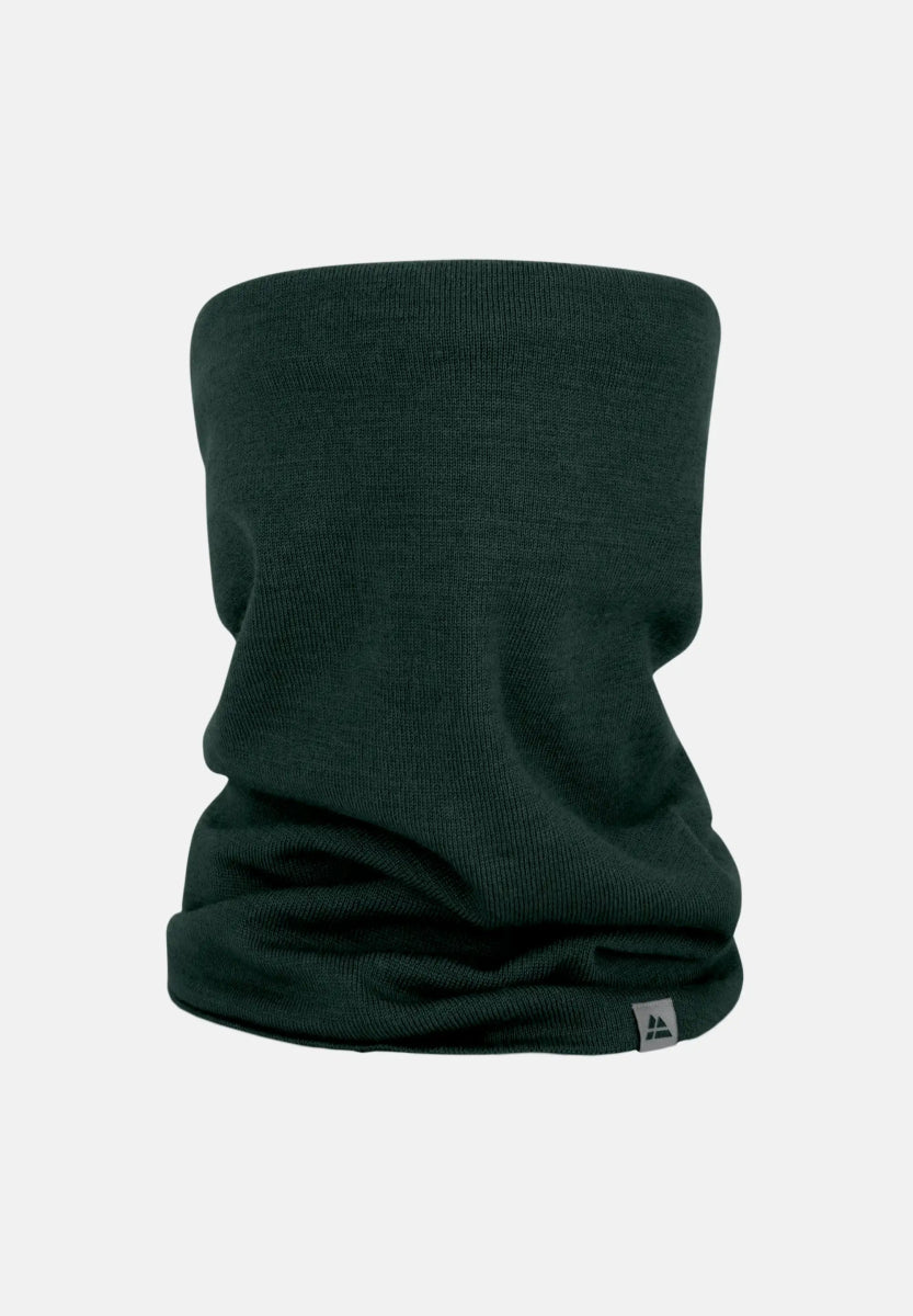 Dark green merino wool neck gaiter with a small tag at the bottom.