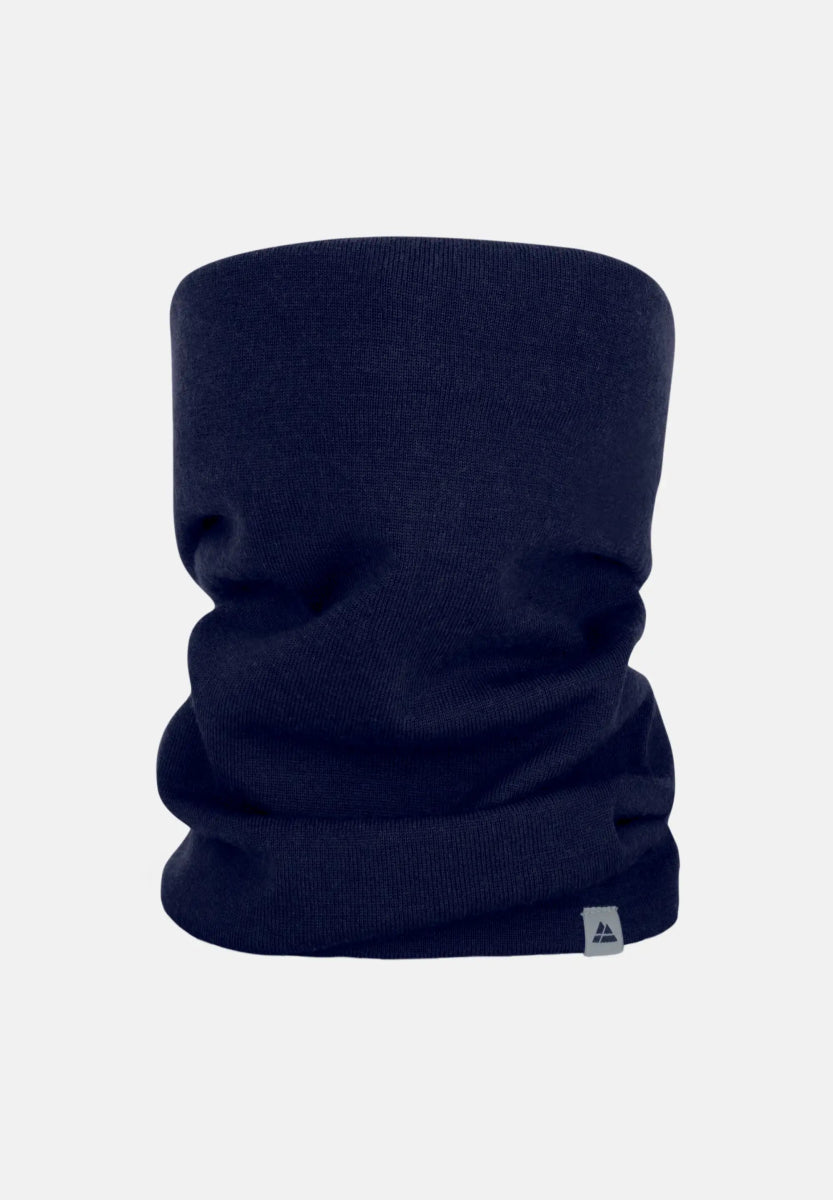 Dark blue merino wool neck gaiter with a small logo tag at the bottom edge.