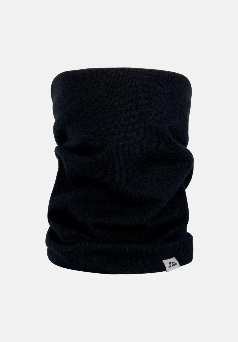 Black merino wool neck gaiter with a logo tag on a plain backdrop.