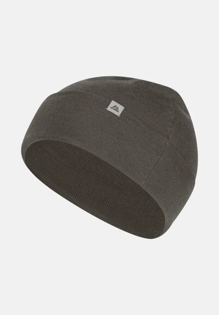 Dark gray merino wool beanie with a small logo patch on the front.