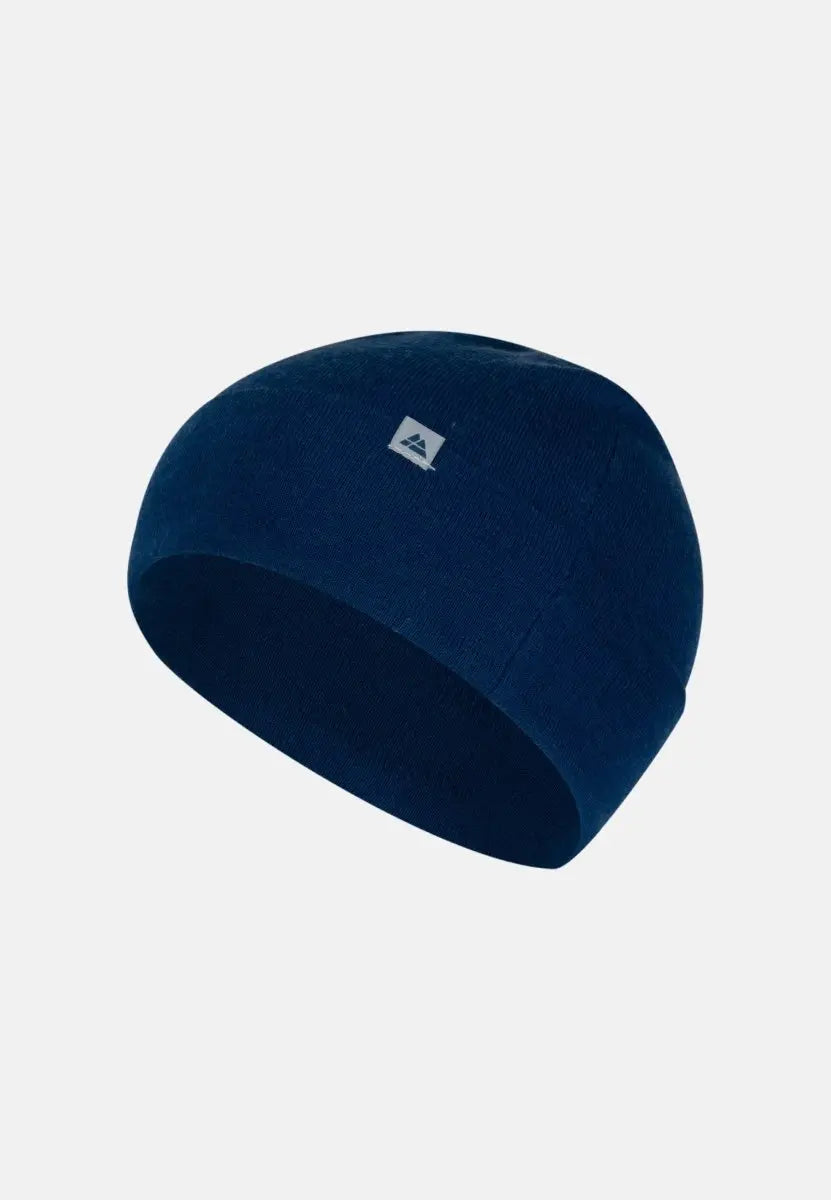 Dark blue merino wool beanie with small logo on front, suitable for men and women.