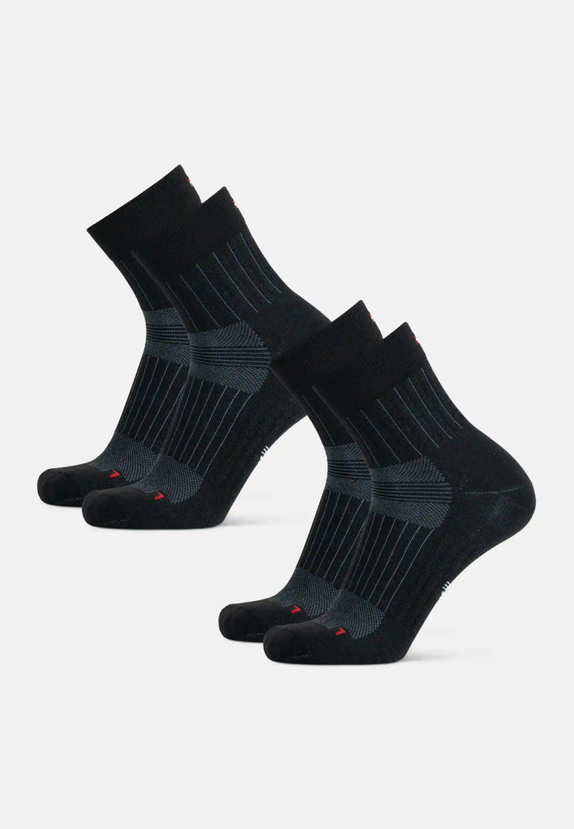 Two pairs of black merino wool running socks with ribbed cuffs and gray accents.