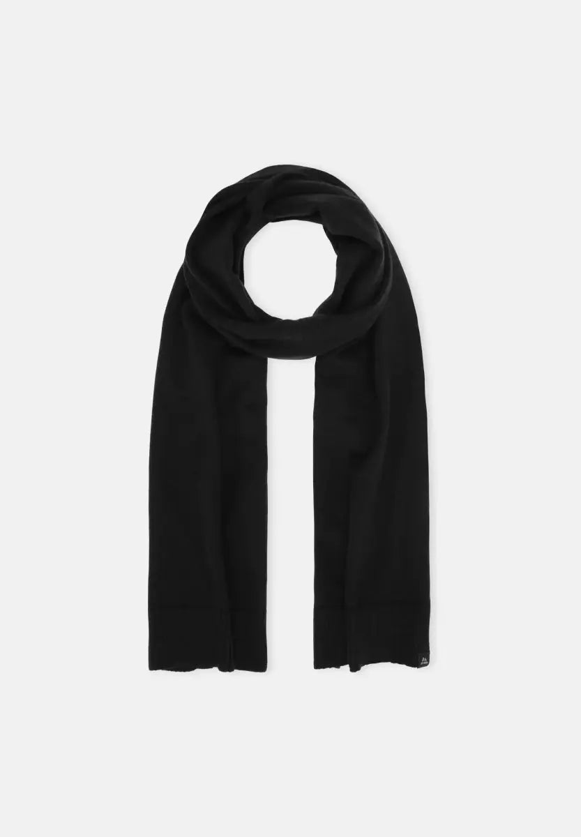 Black merino wool scarf, neatly folded, suitable for men and women, on a plain background.
