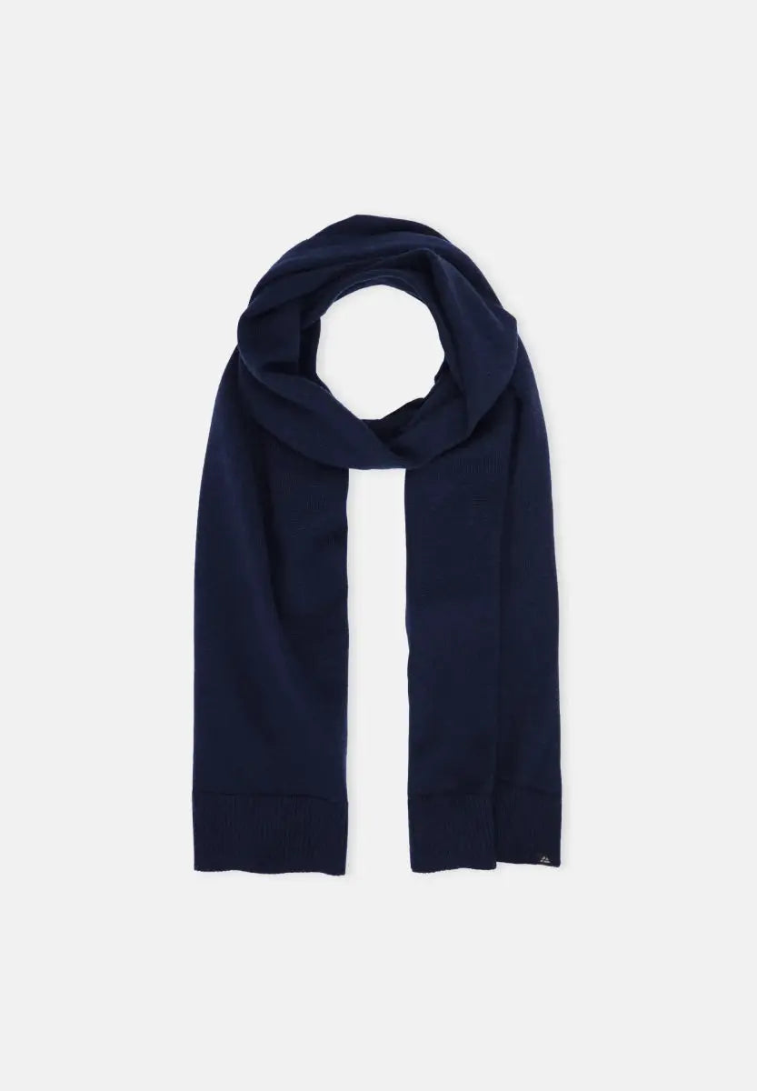 Navy blue merino wool scarf, neatly folded, showcasing its soft texture and simple design.
