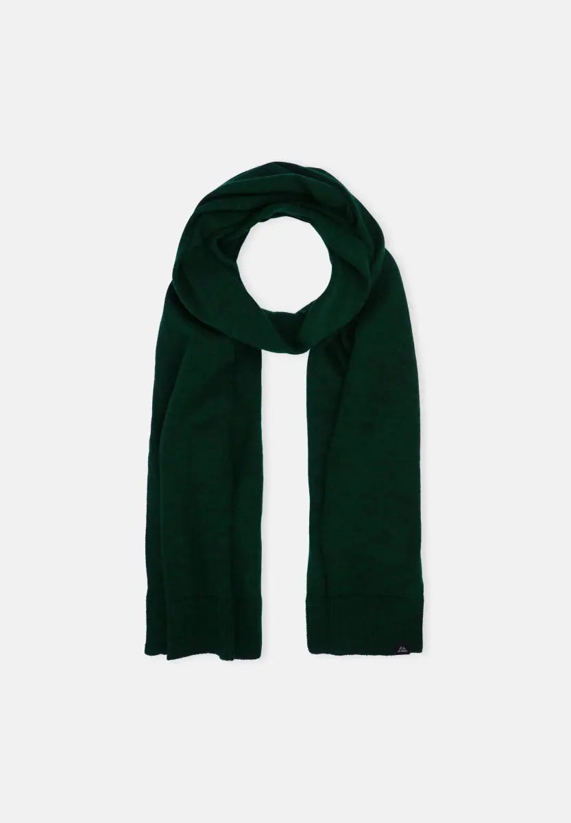 Dark green Merino wool scarf, looped with ends hanging, on a plain white background.