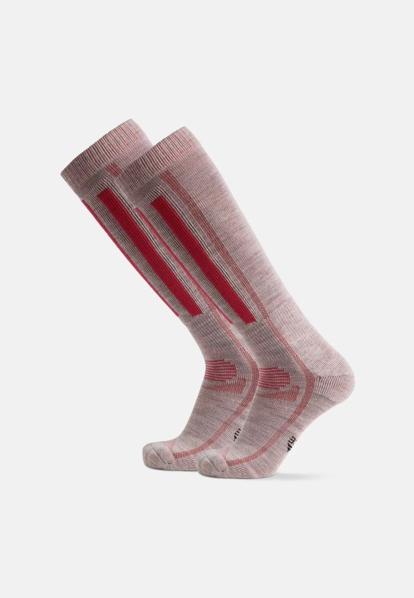 Knee-length gray merino wool ski socks with red stripes and accents, designed for warmth and comfort.