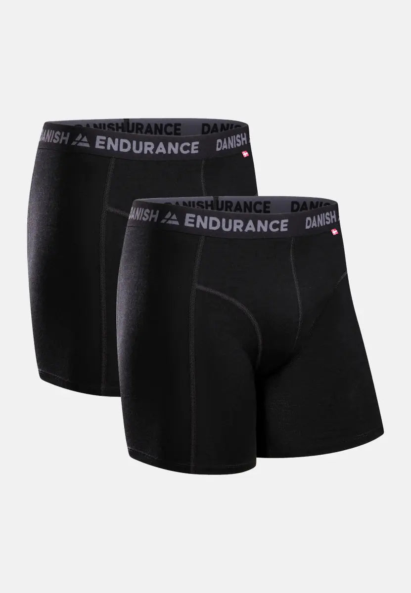 Two black men's trunks with "Danish Endurance" logo on the waistband, side by side.