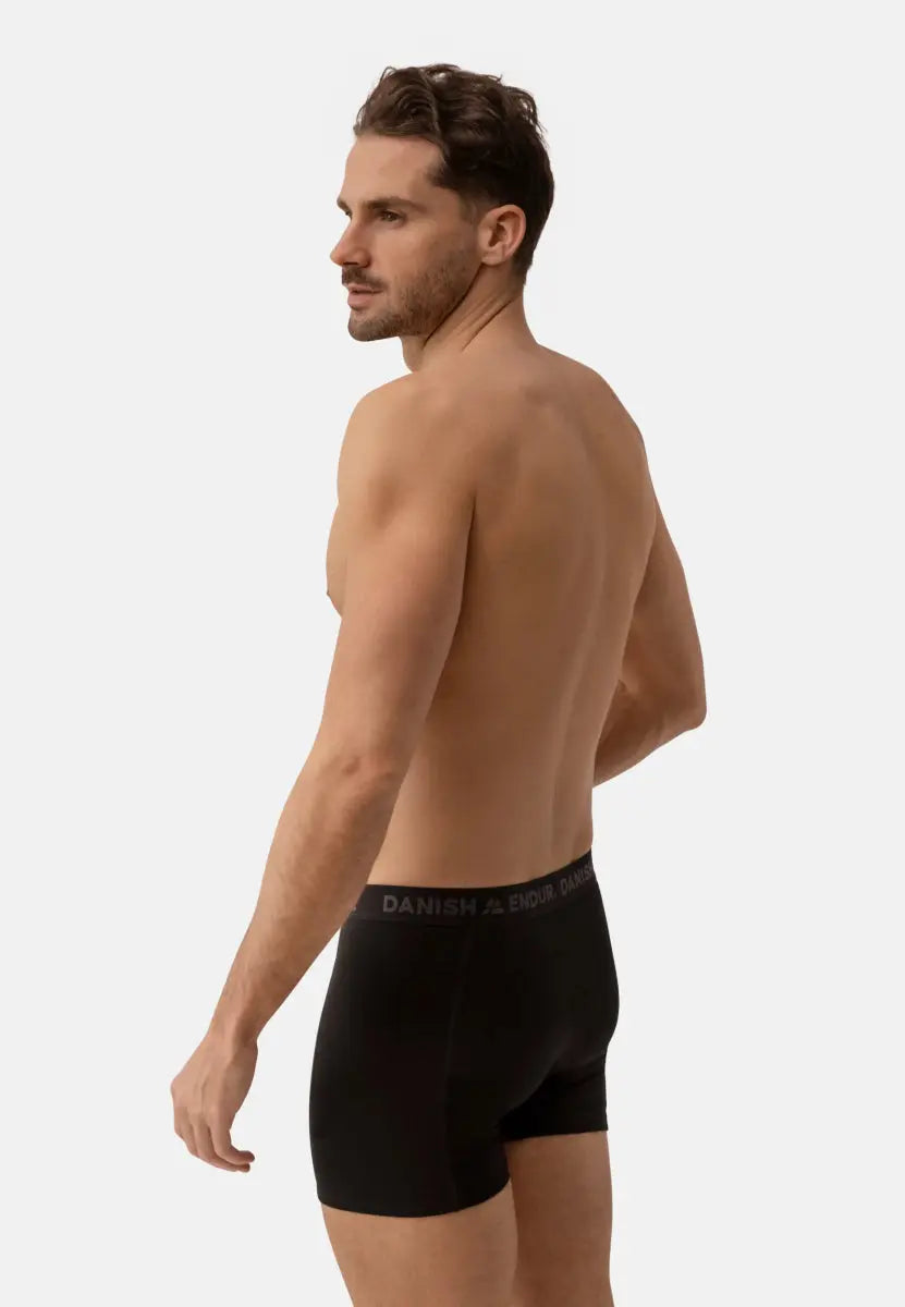 Man wearing black merino wool trunks with "DANISH ENDUR" waistband, viewed from the back.