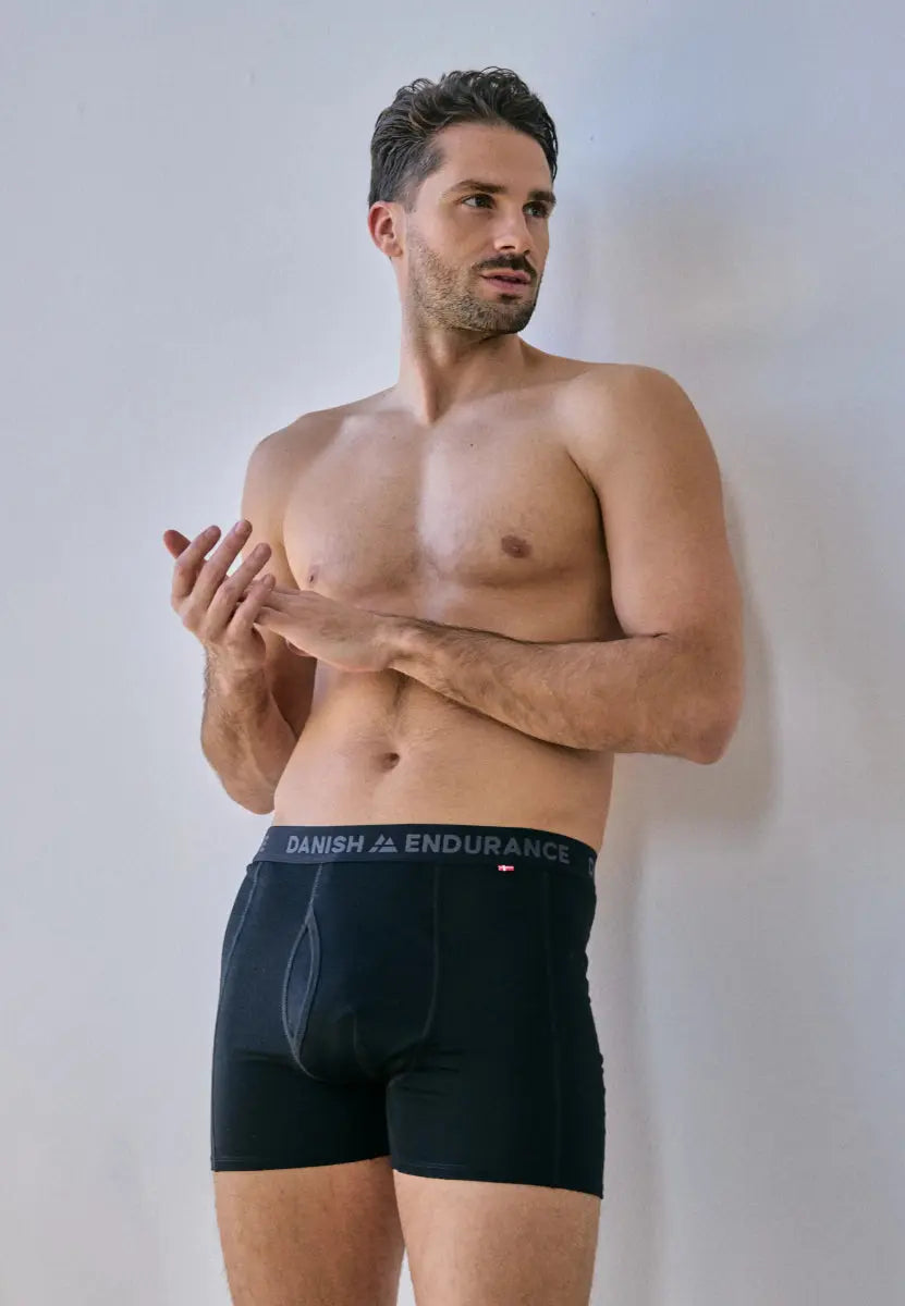 Man wearing black merino wool trunks with fly, "Danish Endurance" waistband visible.