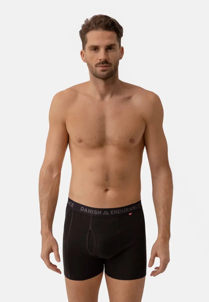 Man wearing black Merino wool trunks with fly, "Danish Endurance" waistband visible.