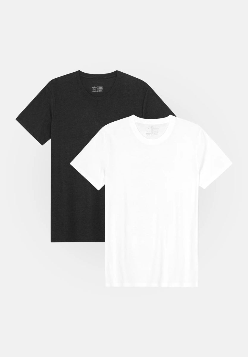 Black and white crew neck t-shirts for men, laid out flat on a neutral background.