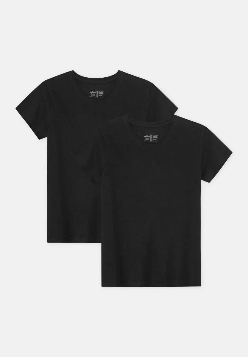 Two black women's crew neck t-shirts, one overlapping the other, on a plain background.