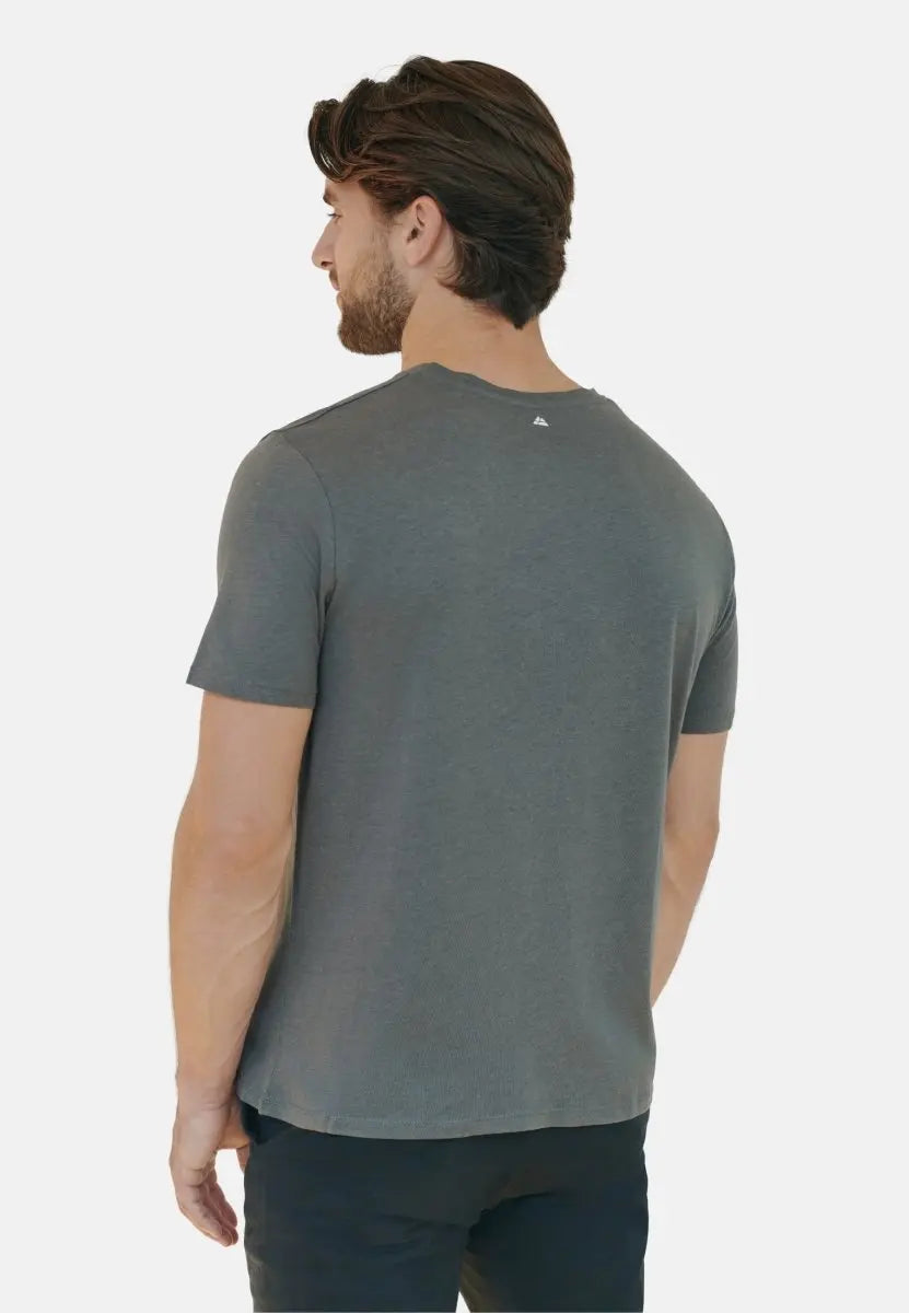 Man wearing a gray V-neck T-shirt, viewed from the back, showing short sleeves and a casual fit.