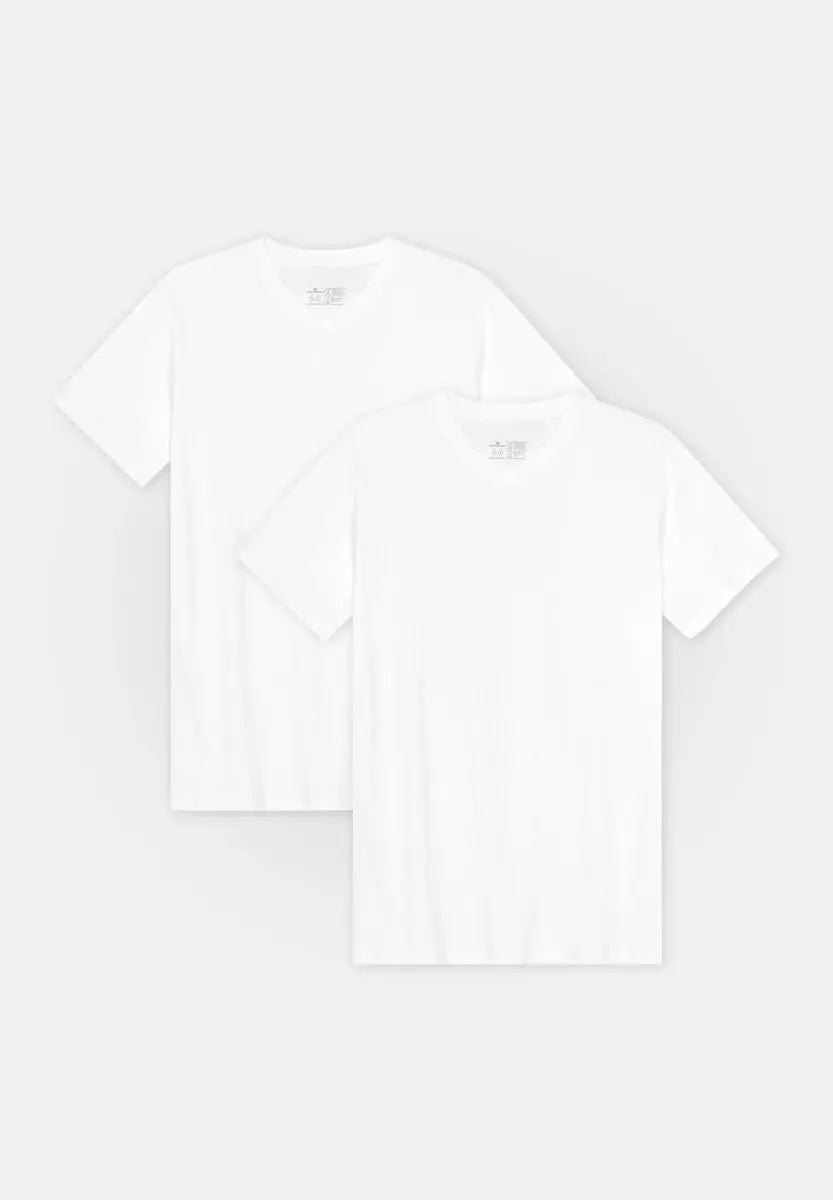 Two plain white V-neck T-shirts for men, overlapping, on a light gray background.