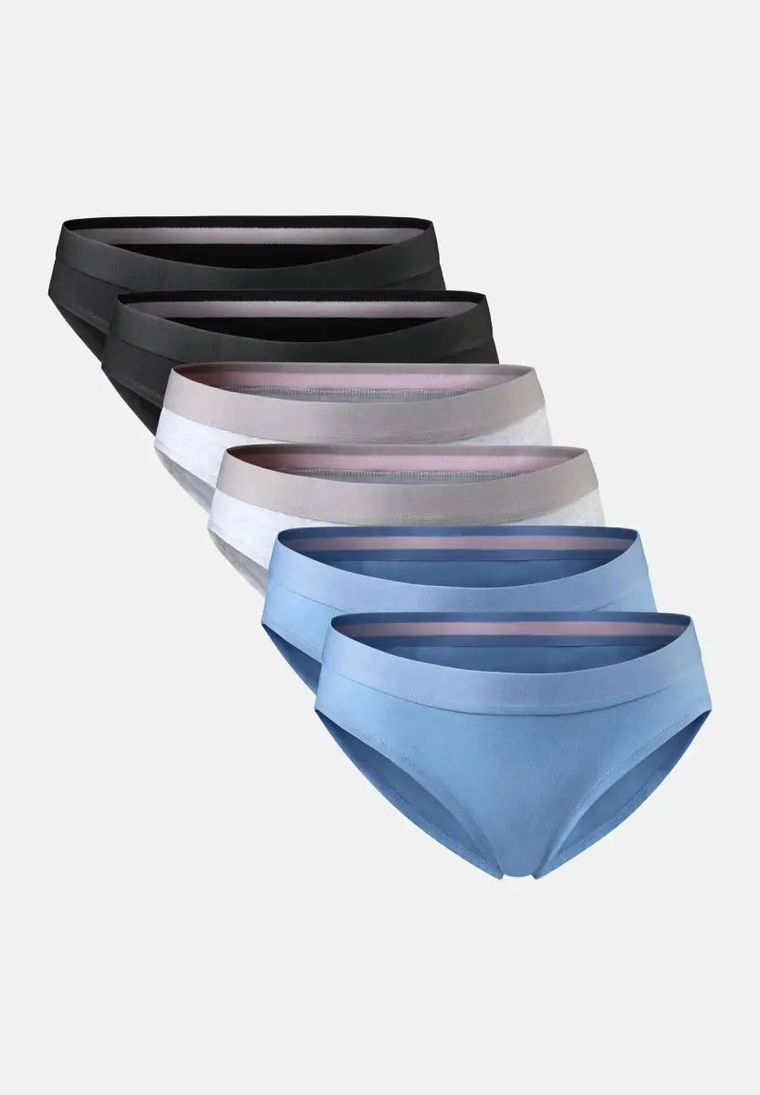 Six organic cotton bikini panties in black, gray, white, and blue, fanned out on a white background.