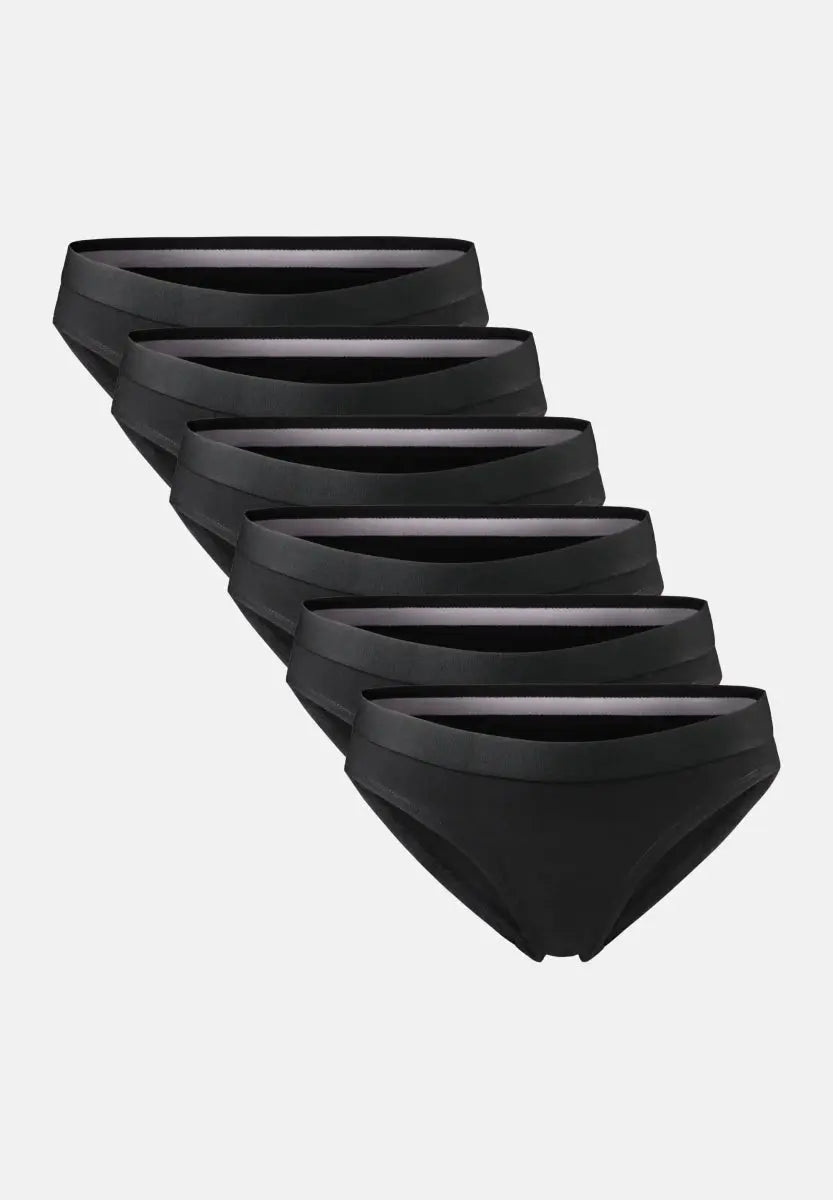 Six black organic cotton bikini panties arranged in a cascading row.