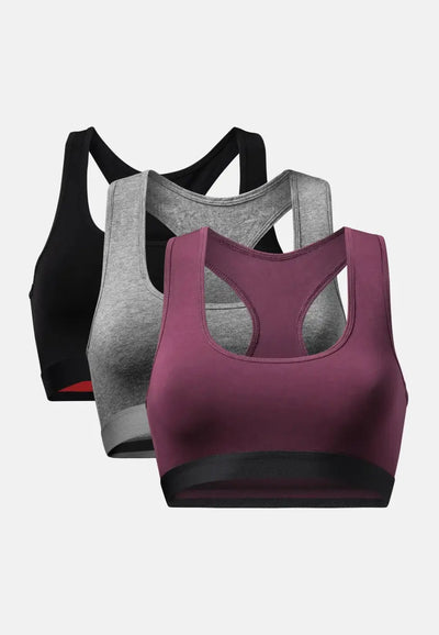Three racerback bralettes in black, gray, and burgundy, layered and displayed from front to back.