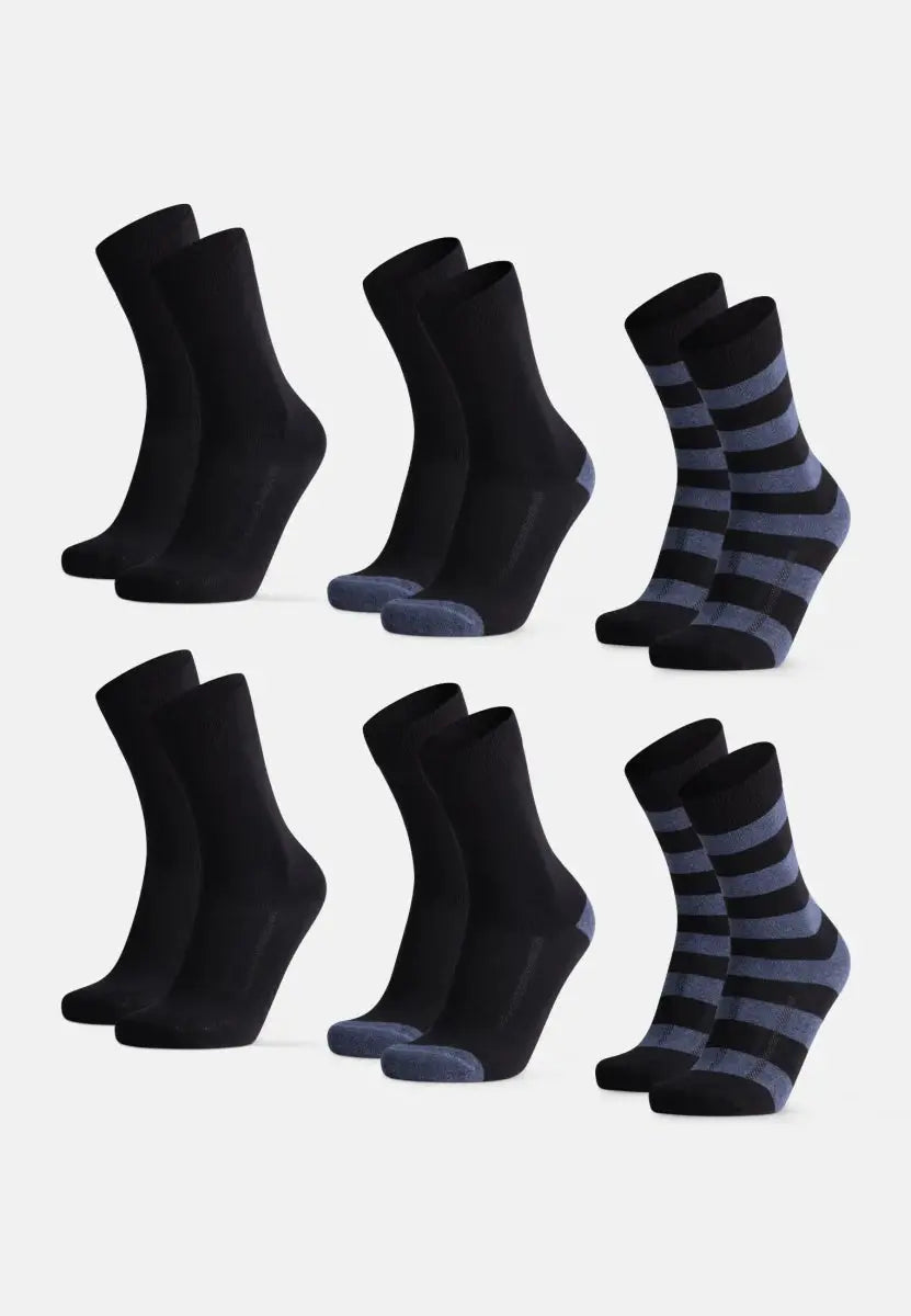 Six pairs of socks; three solid black, two with gray toes, one striped blue and black.