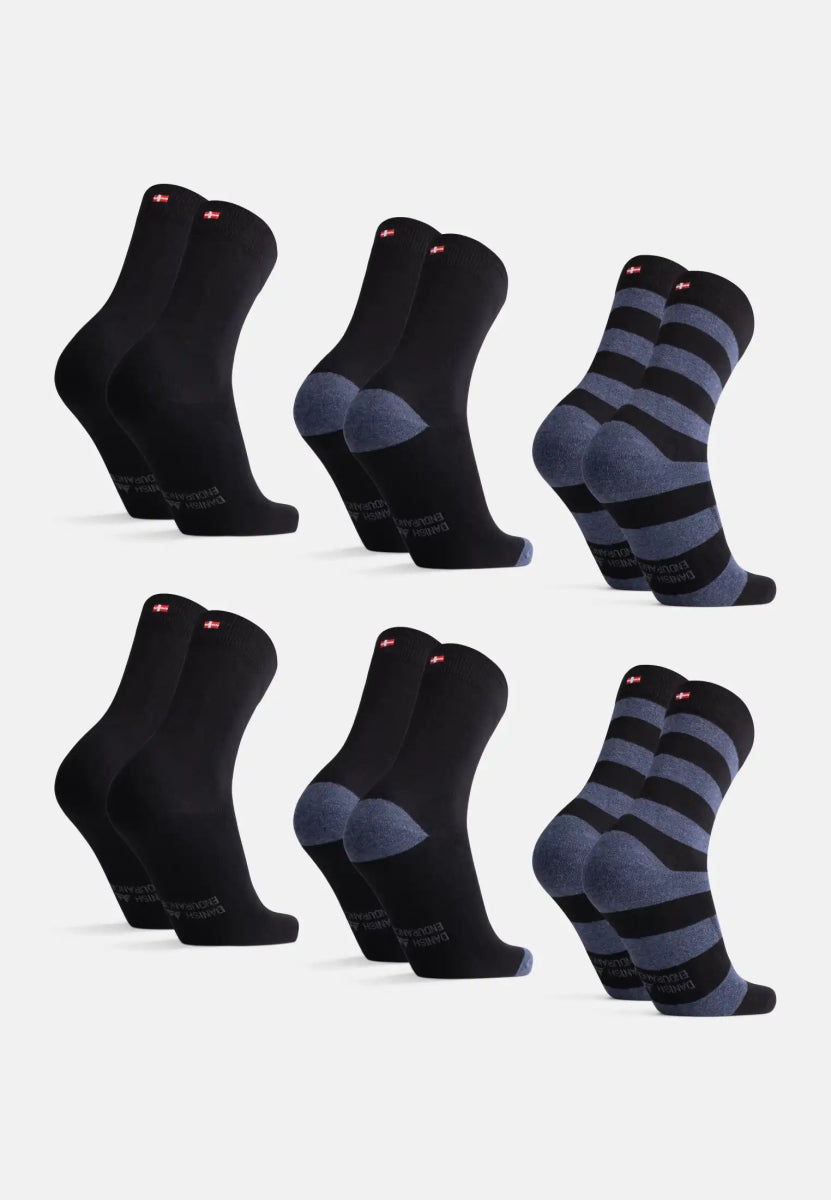 Six pairs of organic cotton dress socks: black, blue accents, and black-blue stripes.
