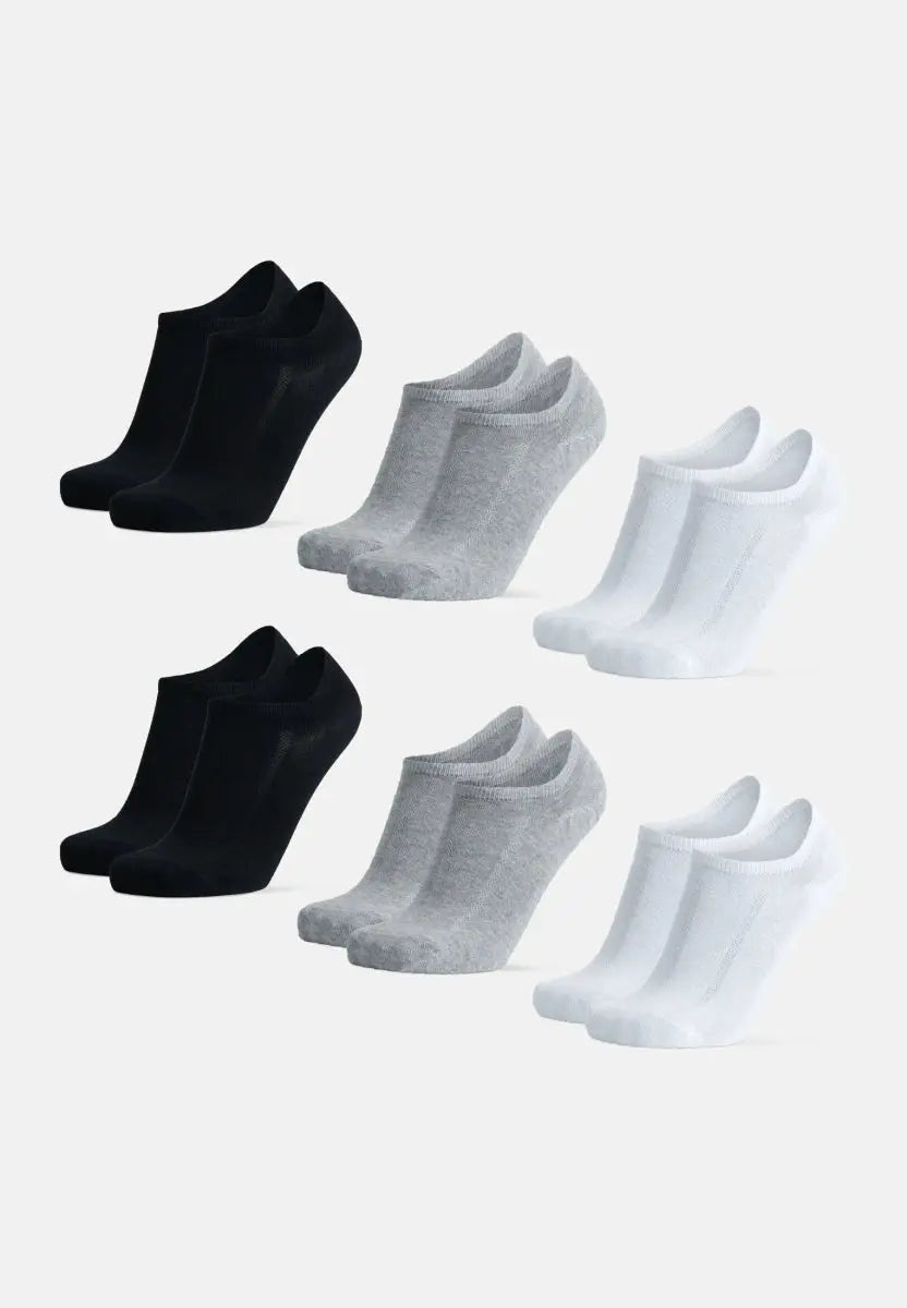 Three pairs of organic cotton no-show socks in black, gray, and white, arranged in rows.