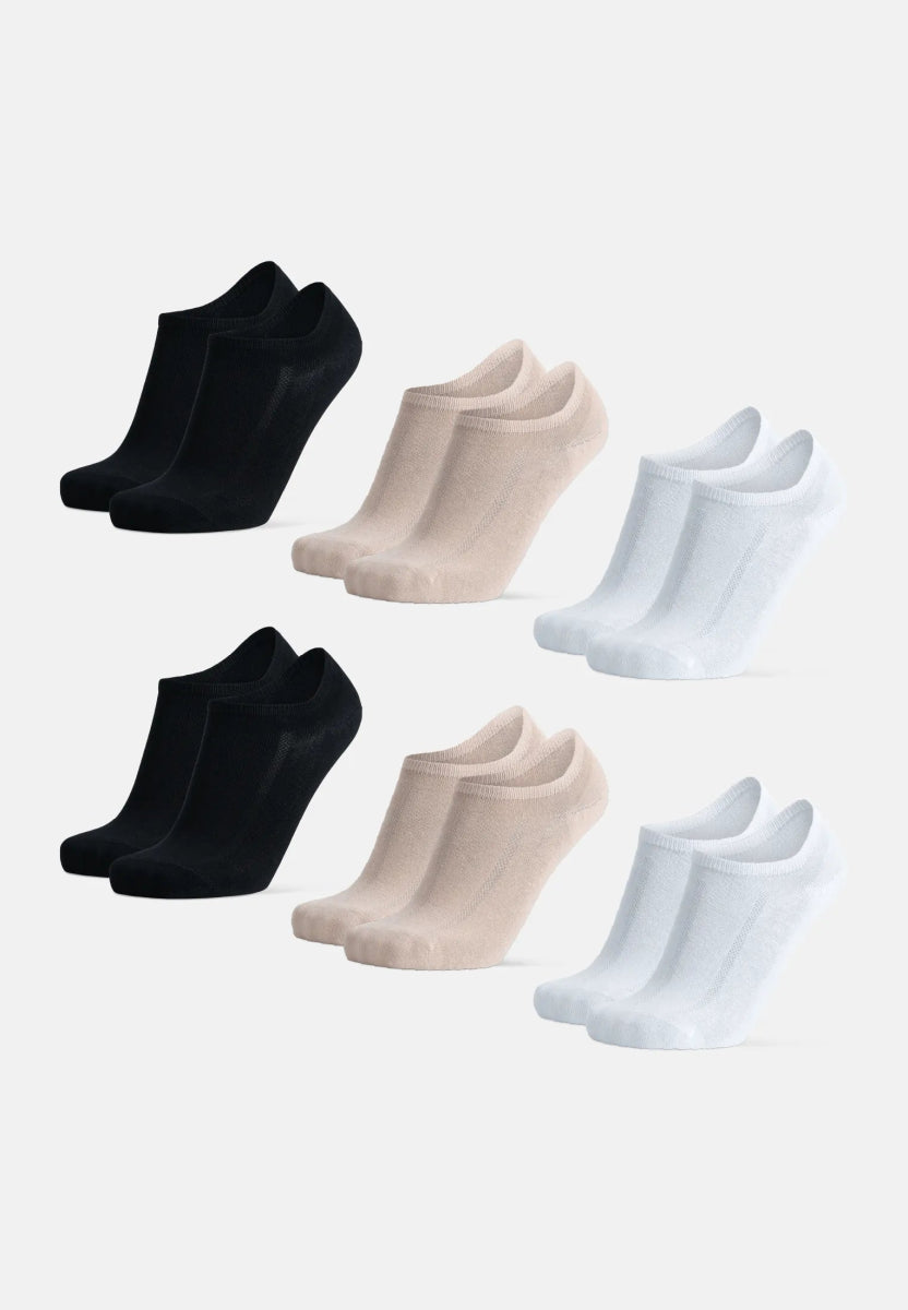 Three pairs of no-show socks in black, beige, and white, displayed in two rows on a white background.
