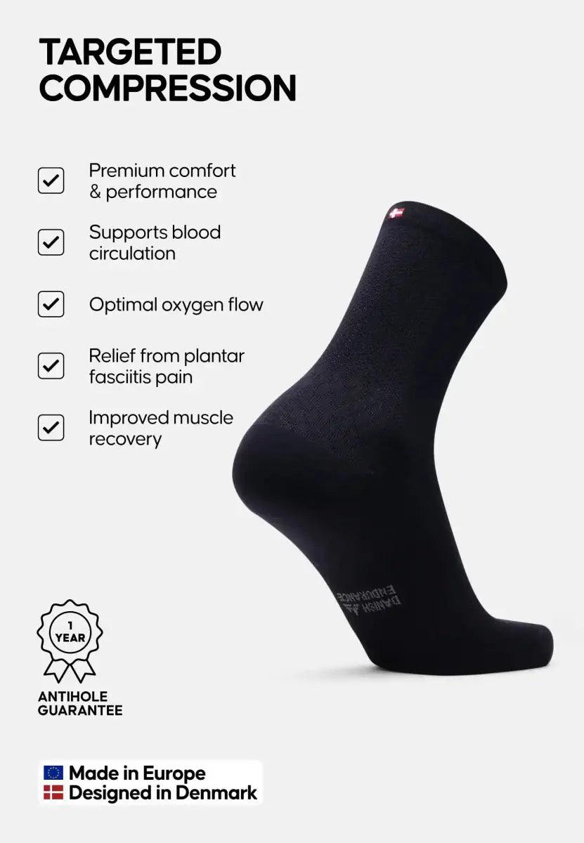 Black sock with features: compression, comfort, circulation support, pain relief, European design.