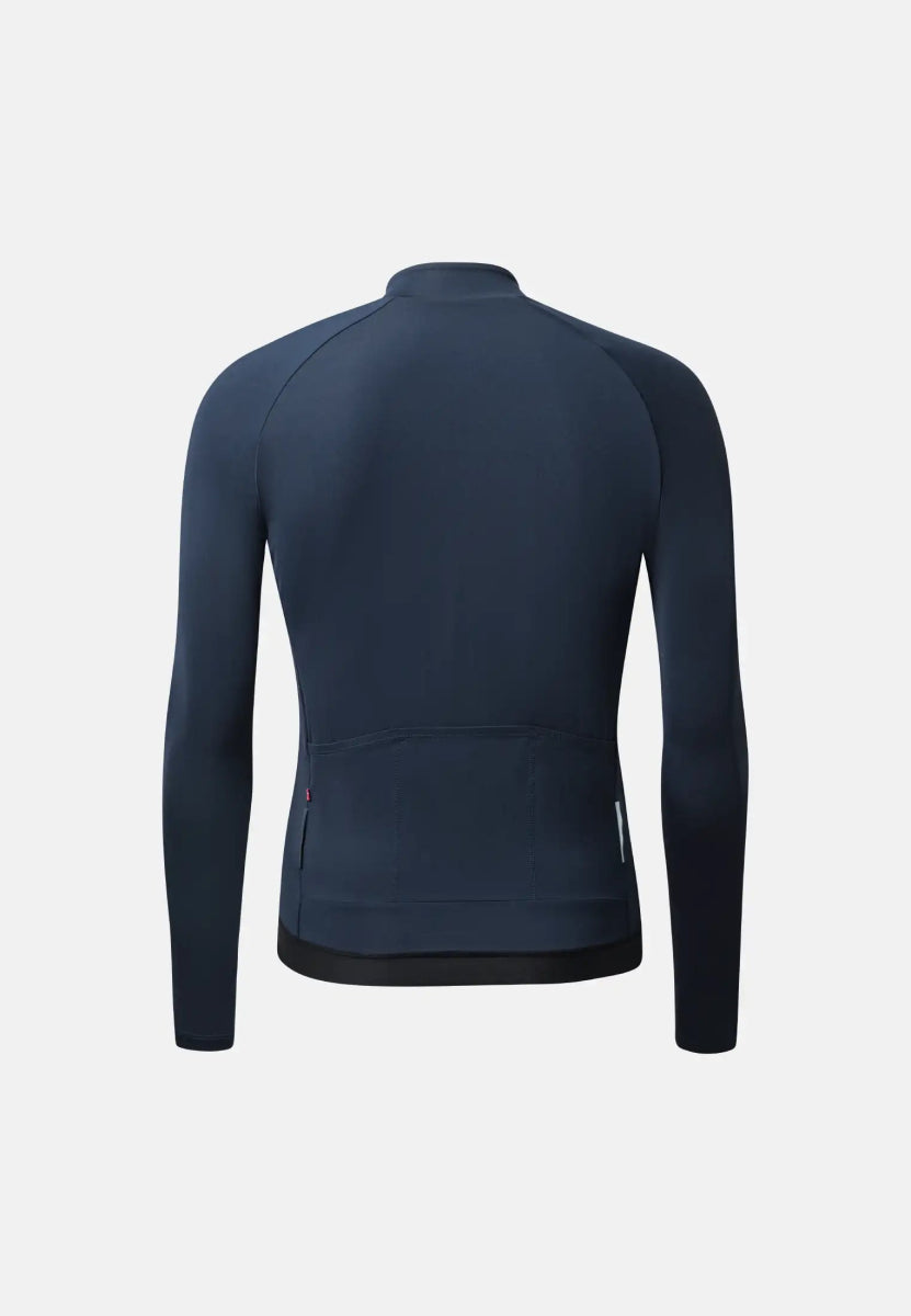 Back view of a navy blue long sleeve cycling jersey with pockets on the lower back.