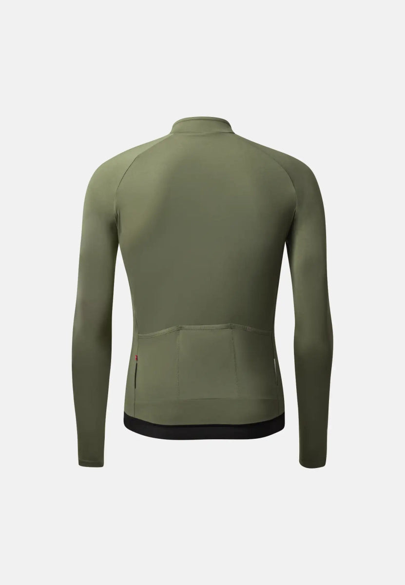 Back view of olive green long-sleeve cycling jersey with pockets and black hem.