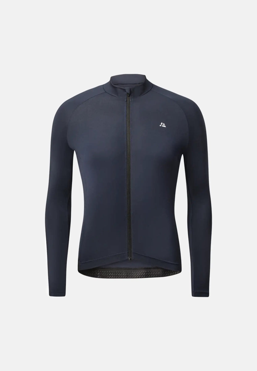 Men's dark long-sleeve cycling jersey with front zipper and subtle logo on chest.