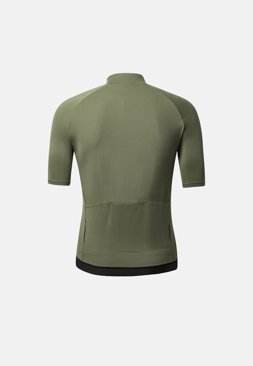 Olive green men's cycling jersey, back view, short sleeves, three pockets on lower back.