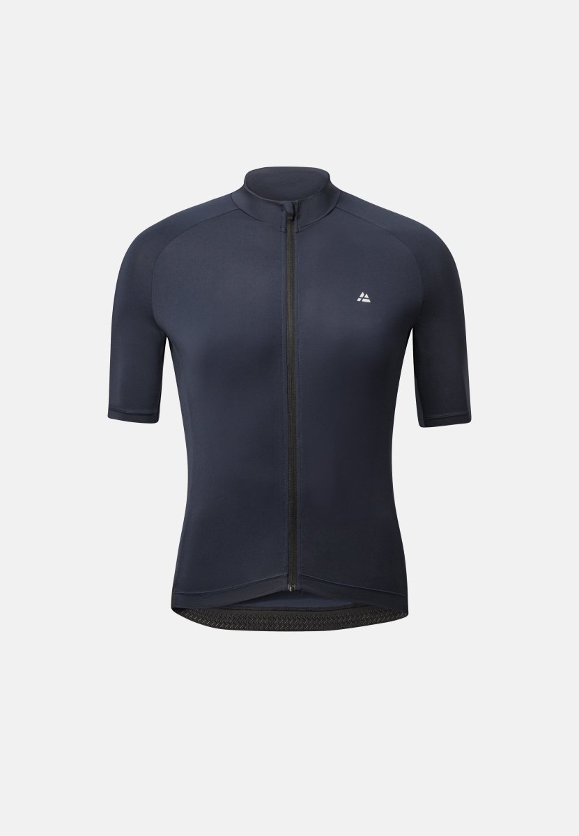 Dark navy cycling jersey, short sleeves, front zipper, small chest logo.