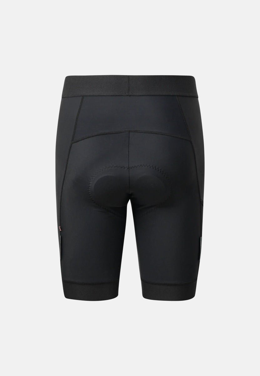 Back view of black men's cycling shorts with padded seat and sleek design.