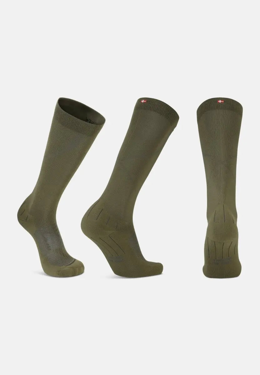 Three olive green compression socks, displayed front, side, and back, showing length and texture.