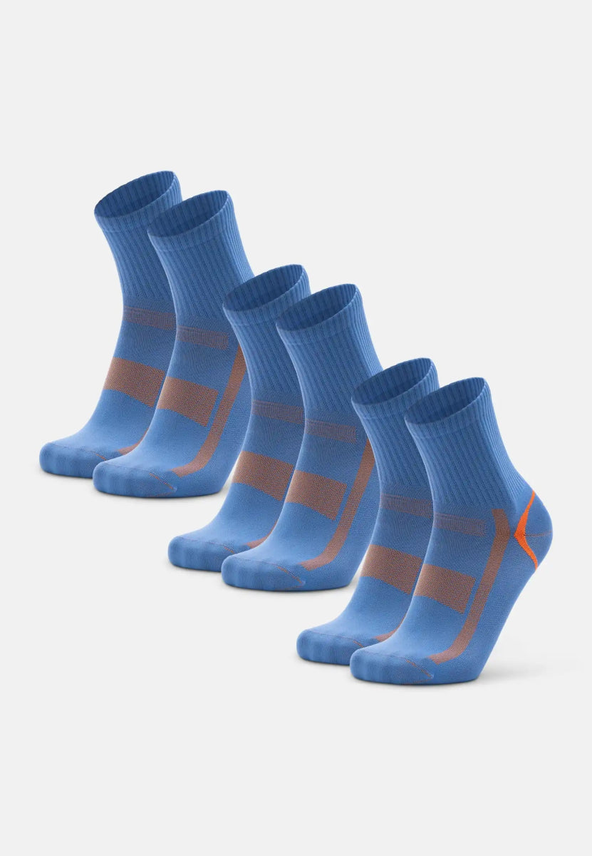 Six pairs of blue and orange quarter-length sports socks arranged in a neat row.