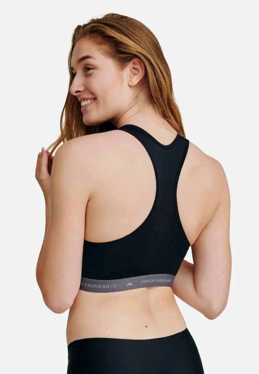 Woman wearing a black racerback sports bra, showing a back view with branding on the band.