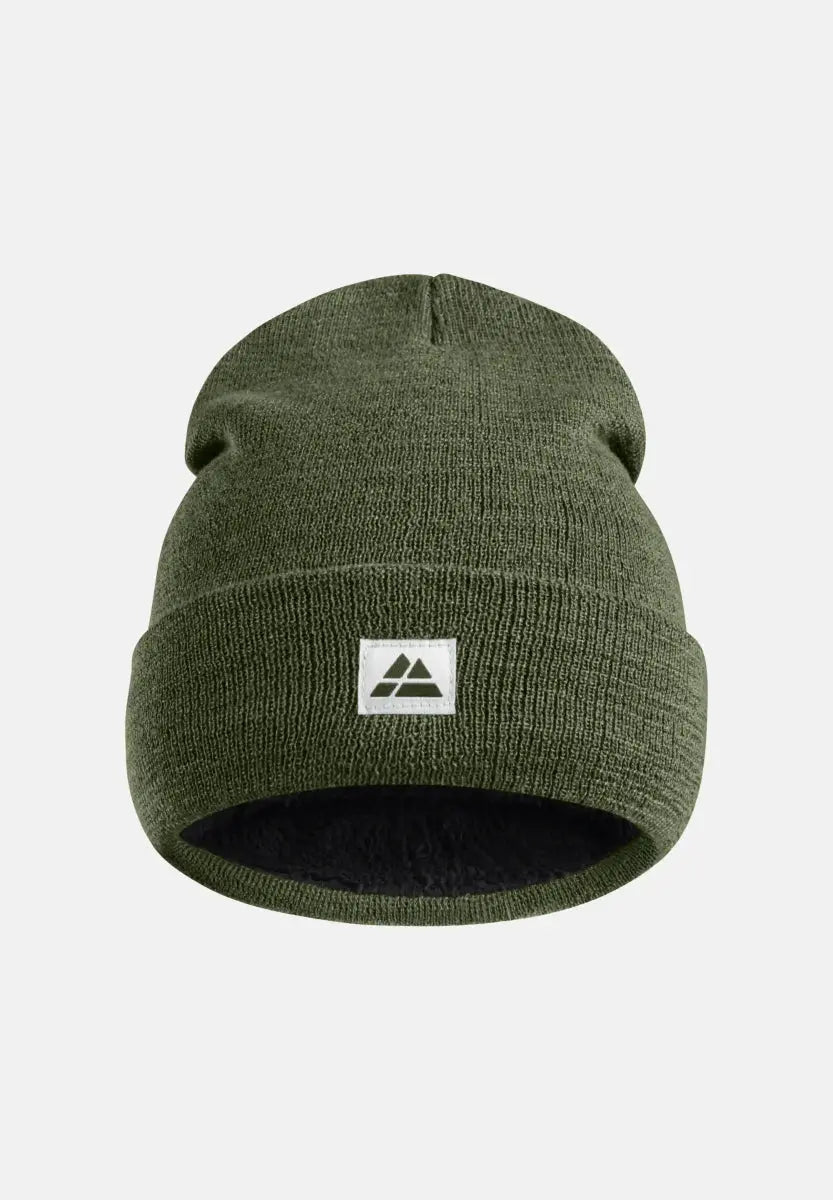 Green ribbed beanie with white logo patch, black polar fleece lining.