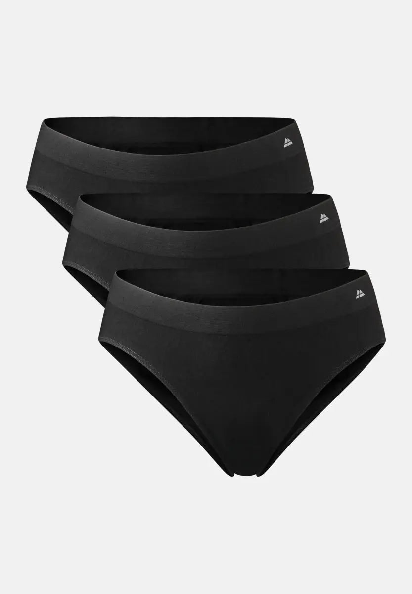 Three black seamless bamboo bikinis stacked, featuring subtle logo on waistband.