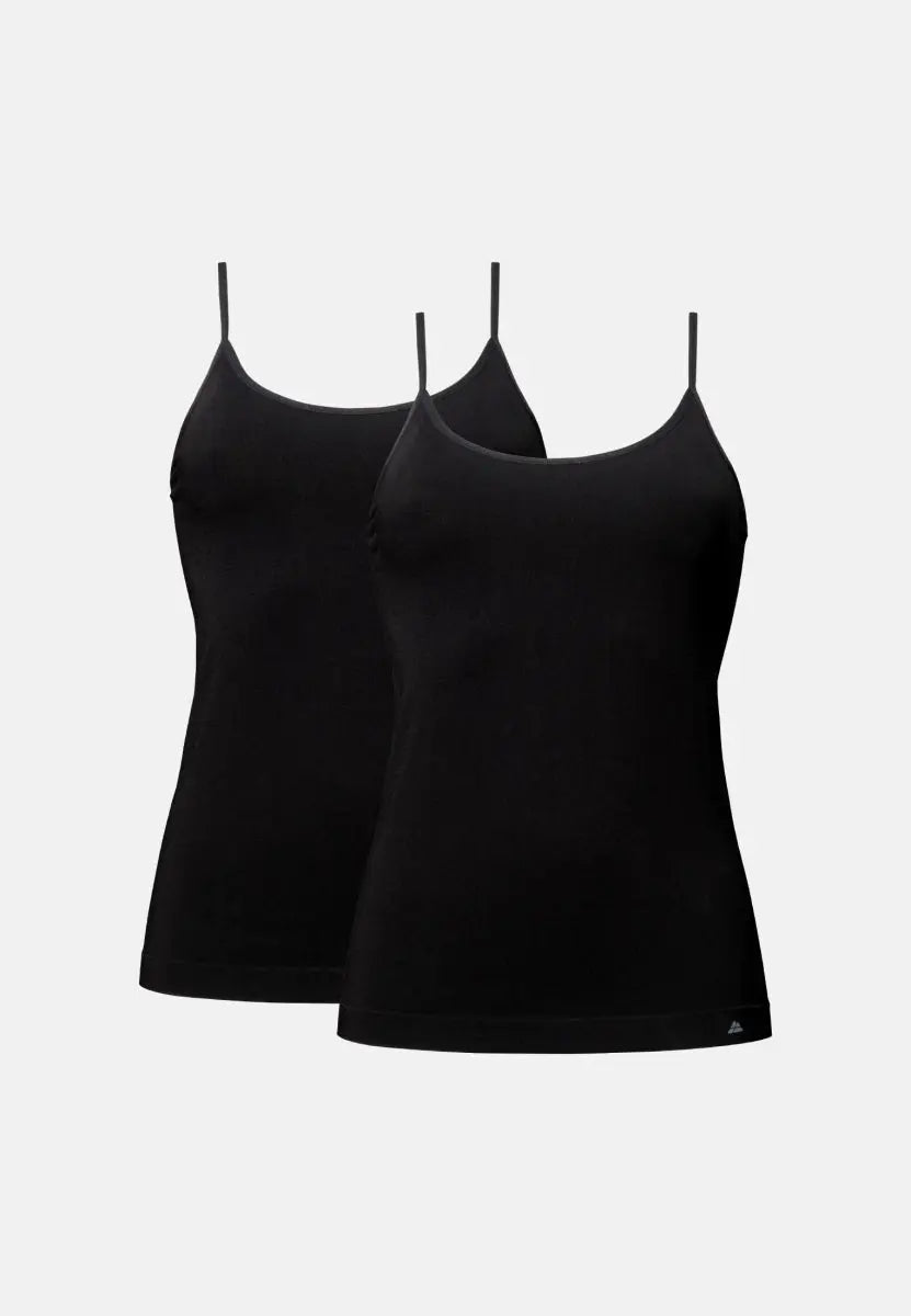 Two black seamless bamboo singlet tops with thin straps displayed against a plain background.